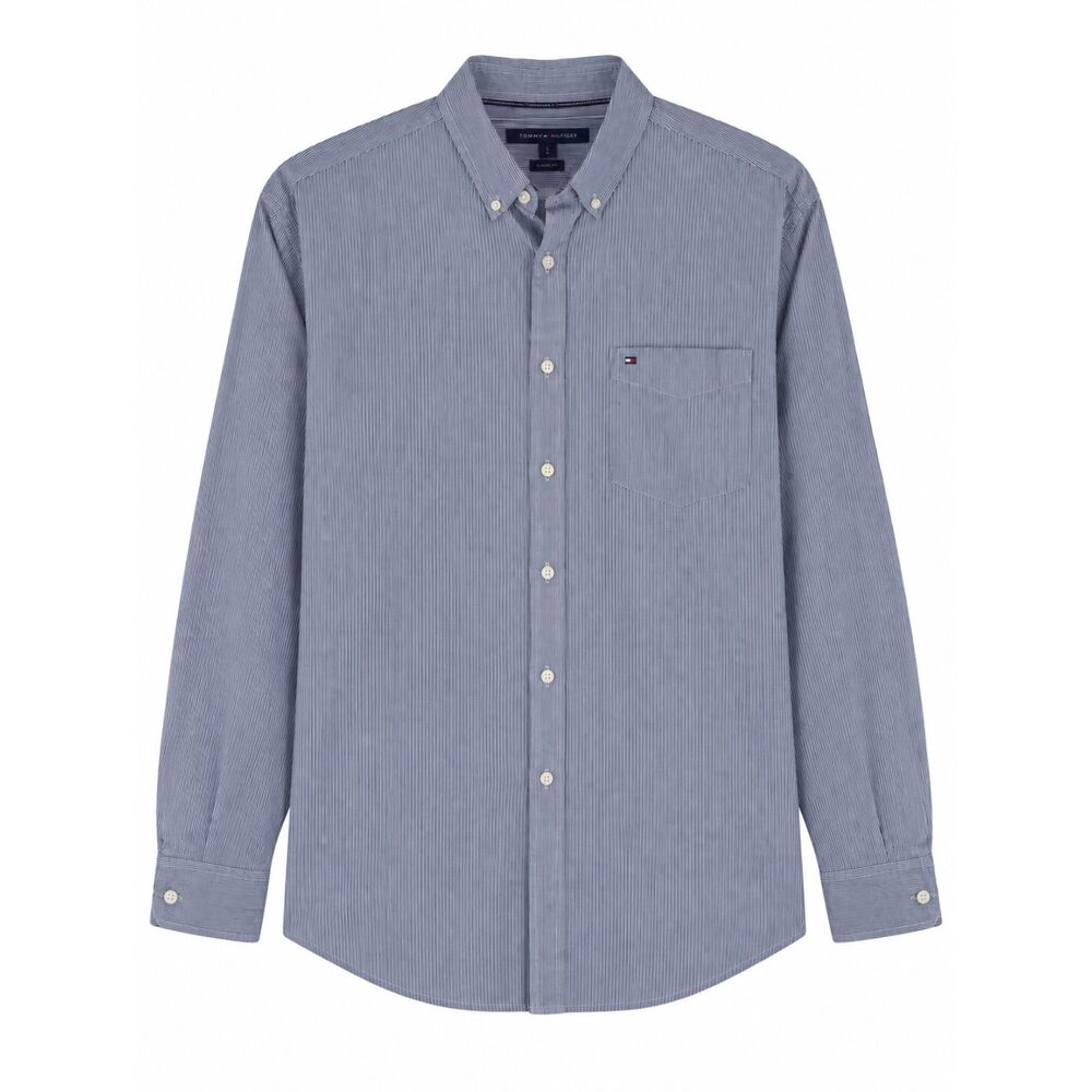 Tommy Hilfiger Men’s XL Button Up Shirt Blue White Stripe Long Sleeve Classic